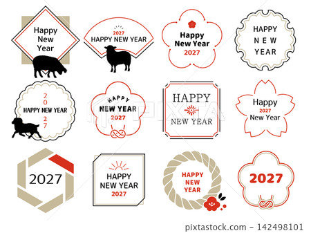 2027 年（羊年，令和 9 年）新年賀卡字體設計，英文版。 142498101