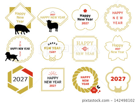 2027 年（羊年，令和 9 年）新年賀卡字體設計，英文版。 142498102
