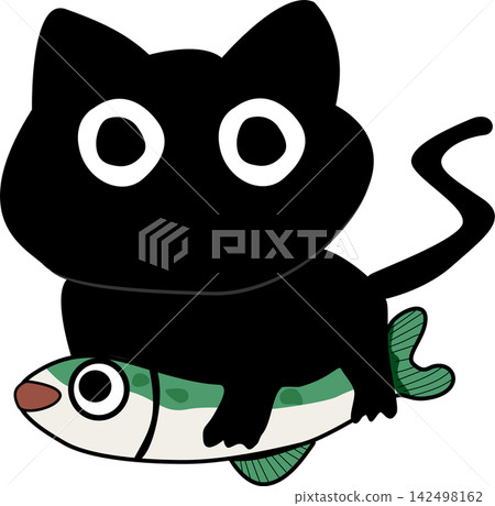 hand drawn Black cat riding a fish illustration cartoon hand drawn Black cat riding a fish illustration cartoon 142498162