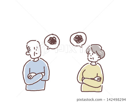 An elderly man and woman cross their arms, looking dissatisfied. An elderly man and woman cross their arms, looking dissatisfied. 142498294