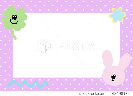 Purple rectangle frame with white polka dot pattern, bunny and clover leaf for card print, polaroid photo, ad template, poster, book cover, notepad, sticky note, memo, banner, border, postcard, easter 142498374