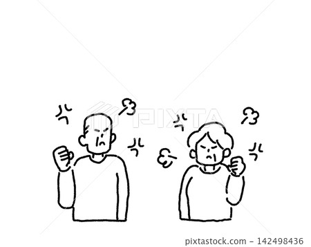 Angry and irritated elderly men and women, line drawing Angry and irritated elderly men and women, line drawing 142498436
