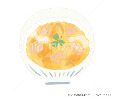 Cute and relaxed watercolor-style illustration of oyakodon (chicken and egg rice bowl). Cute and relaxed watercolor-style illustration of oyakodon (chicken and egg rice bowl). 142498577