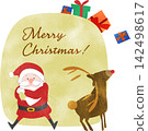 An illustration of Santa Claus carrying a large bag full of presents and a reindeer looking at him. 142498617