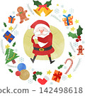 Cute illustrations of Santa Claus and Christmas wreath-style presents, sweets, and ornaments. 142498618