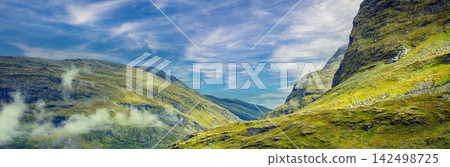 Autumn mountain landscape in Norway. View from Upper Blaafjeld Bridge on Road 63 Autumn mountain landscape in Norway. View from Upper Blaafjeld Bridge on Road 63 142498725