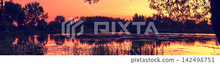 Early in the morning, dawn over the lake. Calm lake before sunrise. A misty morning, a rural landscape, a desert, a mystical feeling Early in the morning, dawn over the lake. Calm lake before sunrise. A misty morning, a rural landscape, a desert, a mystical feeling 142498751
