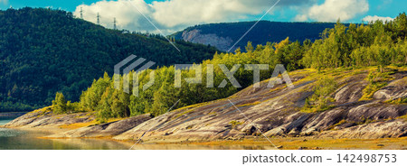 View of the fjord. Rocky seashore. Beautiful nature Norway. View of the fjord. Rocky seashore. Beautiful nature Norway. 142498753