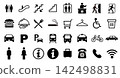 Pictogram material set for commercial facilities, transportation, and floor maps: Toilets, elevators, restaurants, smoking areas, parking 142498831