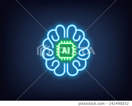 Outline neon AI brain, blue green. Neon human brain with integrated AI chip, artificial intelligence algorithms. Artificial mind, machine learning, data analysis system, digital education. Vector Outline neon AI brain, blue green. Neon human brain with integrated AI chip, artificial intelligence algorithms. Artificial mind, machine learning, data analysis system, digital education. Vector 142498832