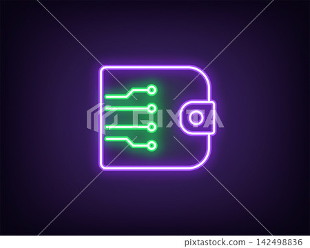Outline neon digital wallet, violet green. Neon electronic wallet, virtual banking and digital money. Crypto wallet, ecommerce, electronic money transaction network, online payments. Vector 142498836