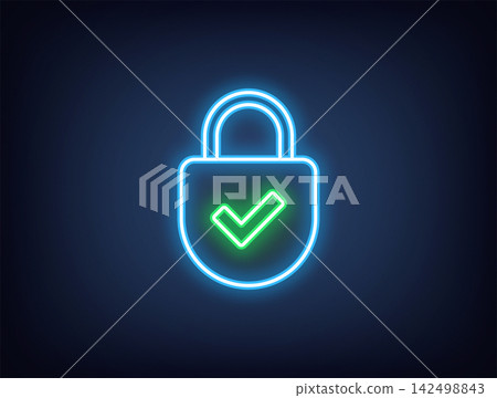 Outline neon cyber security, blue green. Neon digital lock with tick icon, reliable data protection. Internet security, lock with checkmark, secure information storage, safety control. Vector Outline neon cyber security, blue green. Neon digital lock with tick icon, reliable data protection. Internet security, lock with checkmark, secure information storage, safety control. Vector 142498843