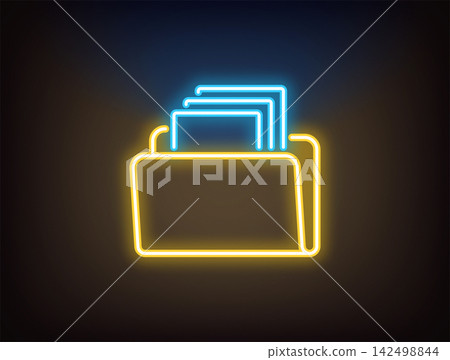 Outline neon file archive, yellow blue. Neon digital folder with documents, data storage organize. File management, digital data catalog, document copy repository, database archive. Vector Outline neon file archive, yellow blue. Neon digital folder with documents, data storage organize. File management, digital data catalog, document copy repository, database archive. Vector 142498844