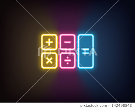Outline neon calculator, yellow pink blue. Neon investment calculator, mortgage calculation, budget balance estimation. Finance education, maths, expense accounting, financial management. Vector Outline neon calculator, yellow pink blue. Neon investment calculator, mortgage calculation, budget balance estimation. Finance education, maths, expense accounting, financial management. Vector 142498848