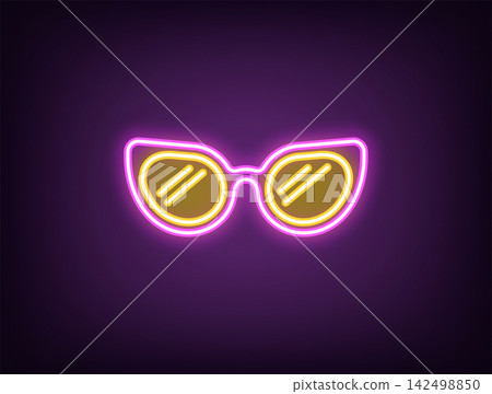 Outline neon glamour sunglasses, magenta yellow. Neon summer sunglasses icon, retro style spectacles. Fashion sunglasses, party eyewear, disco style, modern eyeglass, cool glasses lens. Vector Outline neon glamour sunglasses, magenta yellow. Neon summer sunglasses icon, retro style spectacles. Fashion sunglasses, party eyewear, disco style, modern eyeglass, cool glasses lens. Vector 142498850