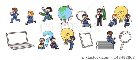 A set of illustrations depicting multiple students and learning activities such as using computers and books. A set of illustrations depicting multiple students and learning activities such as using computers and books. 142498868