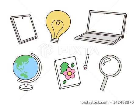 A set of illustrations related to learning, such as computers and magnifying glasses. A set of illustrations related to learning, such as computers and magnifying glasses. 142498870