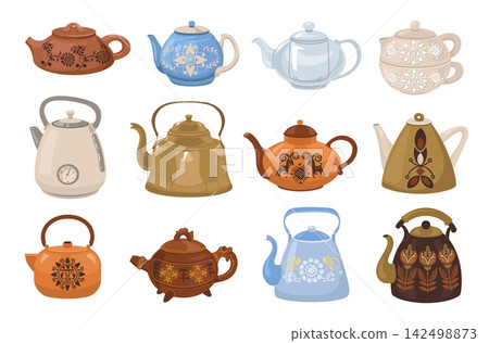 Decorative teapots. Featuring ceramic, enamel, glass and vintage kettles with folk ornaments, cozy kitchen utensil for hot beverages, decorative pattern splendid vector cartoon isolated set Decorative teapots. Featuring ceramic, enamel, glass and vintage kettles with folk ornaments, cozy kitchen utensil for hot beverages, decorative pattern splendid vector cartoon isolated set 142498873