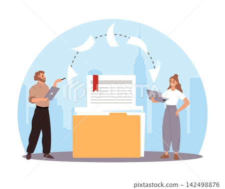 Document workflow and file management. Team organizing records, paper exchange, digital collaboration and office administration organization, bureaucracy operations vector cartoon concept Document workflow and file management. Team organizing records, paper exchange, digital collaboration and office administration organization, bureaucracy operations vector cartoon concept 142498876