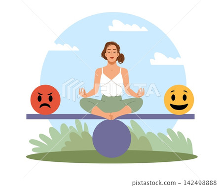 Emotional balance and mental wellness. Woman meditating between positive and negative emotions, mindfulness and stress management, girl positive feelings vector cartoon isolated concept Emotional balance and mental wellness. Woman meditating between positive and negative emotions, mindfulness and stress management, girl positive feelings vector cartoon isolated concept 142498888