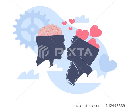 Emotional intelligence and relationship psychology. Connection between logic and feelings, empathy, love and human behavior, man and woman communication vector cartoon isolated concept Emotional intelligence and relationship psychology. Connection between logic and feelings, empathy, love and human behavior, man and woman communication vector cartoon isolated concept 142498889