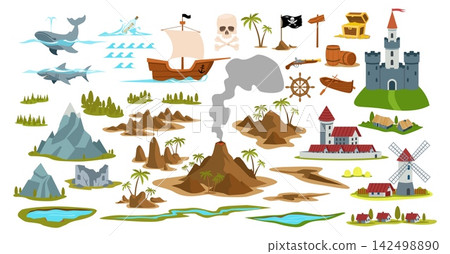 Fantasy adventure map constructor. Pirate ships, different islands, castles, volcanoes mountains, forests and sea elements, game elements, stickers qualitative vector cartoon isolated set Fantasy adventure map constructor. Pirate ships, different islands, castles, volcanoes mountains, forests and sea elements, game elements, stickers qualitative vector cartoon isolated set 142498890