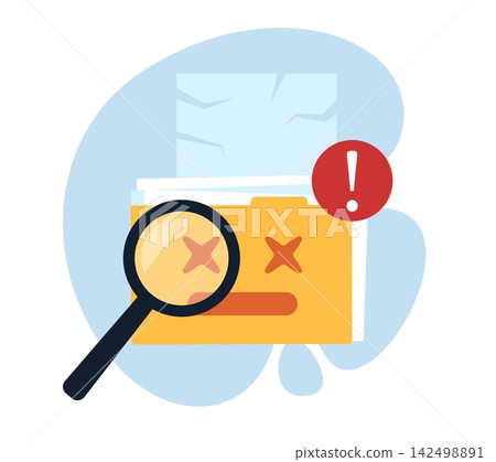 File search error and missing document. Corrupted folder, data management problem, warning alert and information recovery, failed validation review or correction, vector cartoon flat concept 142498891