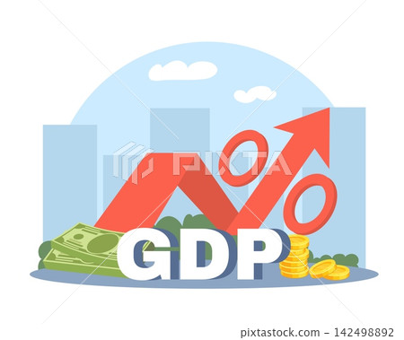 GDP growth and economic development. Rising gross domestic product, financial performance, business market expansion and investment growth trend, vector cartoon flat macroeconomic concept GDP growth and economic development. Rising gross domestic product, financial performance, business market expansion and investment growth trend, vector cartoon flat macroeconomic concept 142498892