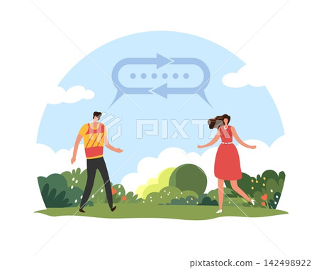 Communication and relationship. Man and woman talking outdoors, dialogue, social interaction, conversation, dating, connection, messaging exchange, social media, vector cartoon concept Communication and relationship. Man and woman talking outdoors, dialogue, social interaction, conversation, dating, connection, messaging exchange, social media, vector cartoon concept 142498922