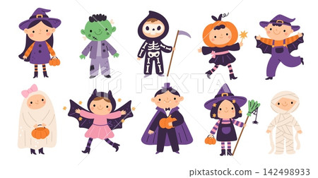 Cute halloween kids in festive costumes. Witch, vampire, ghost, mummy, pumpkin and skeleton, funny party children characters with accessories and playful poses, garish vector cartoon set 142498933