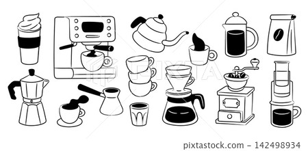 Doodle coffee elements. Brewing methods, espresso machine, moka pot, french press, cezve, tea preparation equipment, hand drawn outline objects, latte, cappuccino garish vector isolated set Doodle coffee elements. Brewing methods, espresso machine, moka pot, french press, cezve, tea preparation equipment, hand drawn outline objects, latte, cappuccino garish vector isolated set 142498934