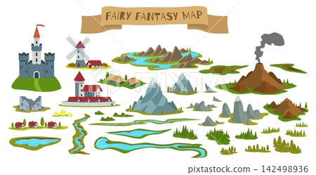 Fantasy map constructor. Castles and villages, mountains or volcano rocks, forests, rivers and lakes, fairytale landscape elements for game adventure qualitative vector cartoon isolated set Fantasy map constructor. Castles and villages, mountains or volcano rocks, forests, rivers and lakes, fairytale landscape elements for game adventure qualitative vector cartoon isolated set 142498936