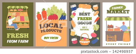 Farmers market cards. Fresh local products, organic food, farm vendors, seasonal grocery banners, eco lifestyle promotion, local produce and natural food retail classy vector cartoon set Farmers market cards. Fresh local products, organic food, farm vendors, seasonal grocery banners, eco lifestyle promotion, local produce and natural food retail classy vector cartoon set 142498937