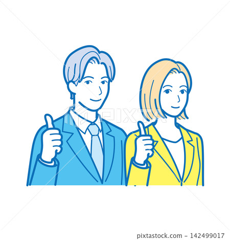 圖中描繪了一位男性和一位女性商務人士豎起大拇指的上半身。 圖中描繪了一位男性和一位女性商務人士豎起大拇指的上半身。 142499017