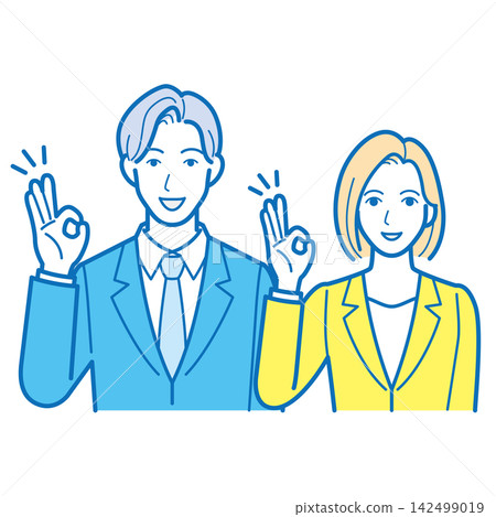 Upper body illustration of a male and female business person making an OK sign. Upper body illustration of a male and female business person making an OK sign. 142499019