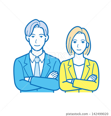 An illustration of the upper body of a male and female business person facing forward with their arms crossed. An illustration of the upper body of a male and female business person facing forward with their arms crossed. 142499020