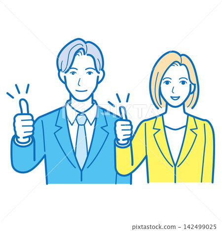 圖中描繪了一位男性和一位女性商務人士豎起大拇指的上半身。 圖中描繪了一位男性和一位女性商務人士豎起大拇指的上半身。 142499025