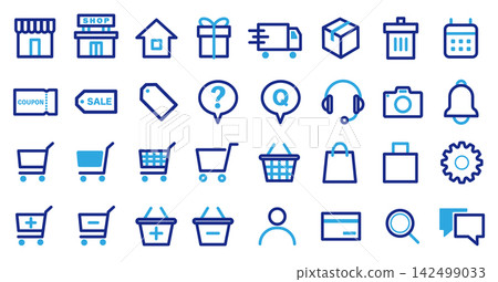 A set of 32 line art vector icons for shopping and e-commerce sites: shopping cart, shipping, coupons, and payment. A set of 32 line art vector icons for shopping and e-commerce sites: shopping cart, shipping, coupons, and payment. 142499033