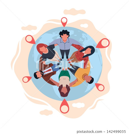 Global community connection and teamwork. People standing in circle on earth with location pins, networking, communication and collaboration, diverse team vector cartoon isolated concept Global community connection and teamwork. People standing in circle on earth with location pins, networking, communication and collaboration, diverse team vector cartoon isolated concept 142499035