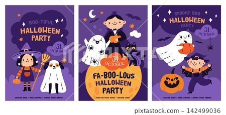 Halloween kids party cards. Cute children ghosts, pumpkin and witch, vampire and black cat, event invitations templates, festive event posters design, garish vector cartoon isolated set Halloween kids party cards. Cute children ghosts, pumpkin and witch, vampire and black cat, event invitations templates, festive event posters design, garish vector cartoon isolated set 142499036