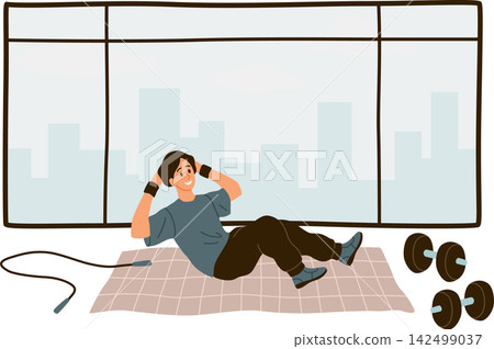Home workout on mat. Person doing sport exercises in gym. Dumbbells and jump rope, indoor fitness training, strength exercise, healthy lifestyle routine vector cartoon isolated illustration 142499037