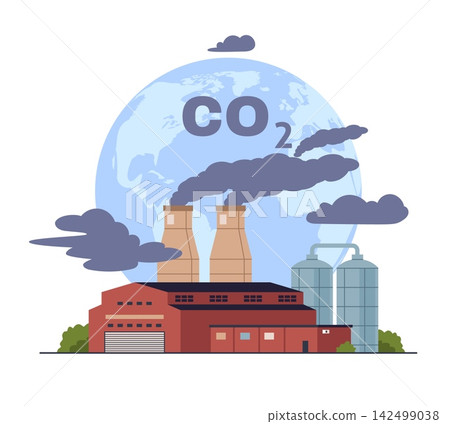 Industrial carbon emissions and environmental pollution. Factory releasing co2 smoke into atmosphere, climate change and global warming impact of industry, vector cartoon isolated concept Industrial carbon emissions and environmental pollution. Factory releasing co2 smoke into atmosphere, climate change and global warming impact of industry, vector cartoon isolated concept 142499038