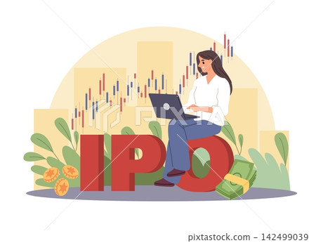 IPO investment. Woman using laptop, stock market chart, cash and coins, Initial public offering, trading, finance, investment strategy, financial analytics vector cartoon isolated concept IPO investment. Woman using laptop, stock market chart, cash and coins, Initial public offering, trading, finance, investment strategy, financial analytics vector cartoon isolated concept 142499039