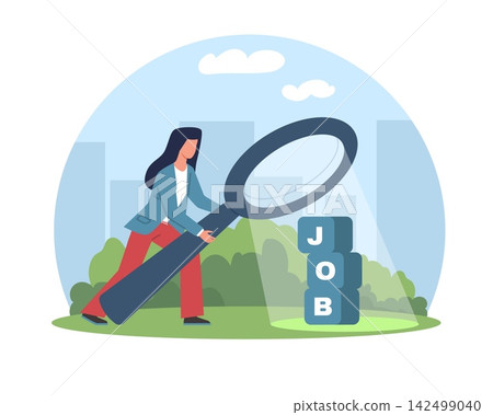 Job search and recruitment. Woman using magnifying glass to find career opportunities, hiring process, candidate selection, human resources in labor market vector cartoon isolated concept Job search and recruitment. Woman using magnifying glass to find career opportunities, hiring process, candidate selection, human resources in labor market vector cartoon isolated concept 142499040