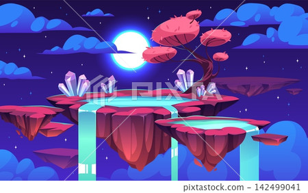 Magical floating island. Crystal lagoon, glowing sakura tree and waterfalls, fantasy night landscape under moonlight, surreal nature scenery, cosmic tidy vector cartoon isolated concept Magical floating island. Crystal lagoon, glowing sakura tree and waterfalls, fantasy night landscape under moonlight, surreal nature scenery, cosmic tidy vector cartoon isolated concept 142499041