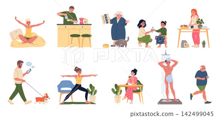 Morning routine lifestyle. Healthy daily beginning, people cooking, exercising, gardening, pet care, habits, daily activities and relaxing, modern lifestyle classy vector cartoon flat set Morning routine lifestyle. Healthy daily beginning, people cooking, exercising, gardening, pet care, habits, daily activities and relaxing, modern lifestyle classy vector cartoon flat set 142499045