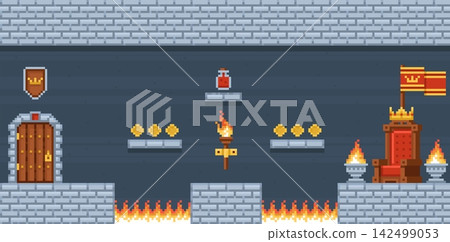 Pixel art castle dungeon. Game location in medieval fortress underground, platformers level, rpg and adventure with platforms, coins and fire traps, qualitative vector cartoon flat concept Pixel art castle dungeon. Game location in medieval fortress underground, platformers level, rpg and adventure with platforms, coins and fire traps, qualitative vector cartoon flat concept 142499053