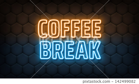 Neon text Coffee Break, orange blue colors. Greeting cafe banner with neon phrase Coffee Break. Glowing outline text, coffee time and lunch break. Vector illustration Neon text Coffee Break, orange blue colors. Greeting cafe banner with neon phrase Coffee Break. Glowing outline text, coffee time and lunch break. Vector illustration 142499082