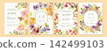 Abstract watercolor wedding invitation card template set featuring autumn flowers, birds, and gold line art. 142499103