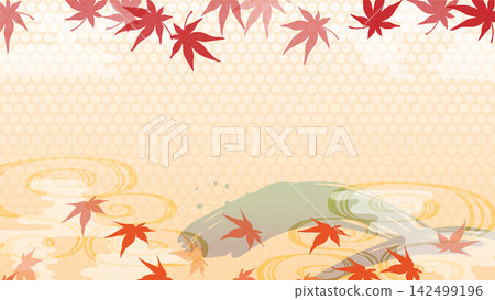 Autumn-themed Japanese pattern background material featuring clouds, mist, and autumn leaves, with copy space included. Autumn-themed Japanese pattern background material featuring clouds, mist, and autumn leaves, with copy space included. 142499196